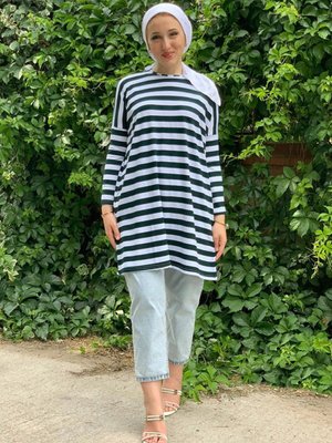Zümrüt Kalın Çizgili Oversize Tunik