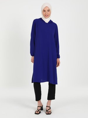 Saks Mavi Kapşonlu Tunik