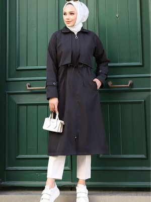 Kolu Kemer Detaylı Fermuarlı Gömlek Yaka Astarlı Trençkot