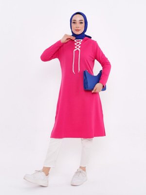 Kapüşonlu Uzun Sweatshirt Fuşya