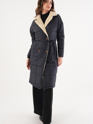 Yakası Peluş Lacivert Kapitone Mont