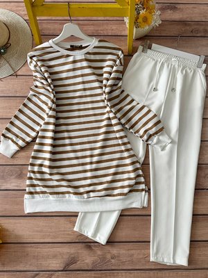 Kombin Çizgili Tunik Ve Pantolon Takım Vizon