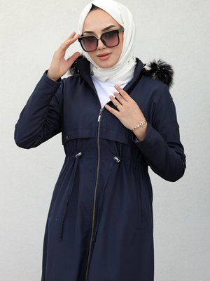 Ayas Tünel Kemerli Kürk Kapüşonlu Mont Lacivert