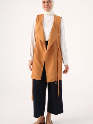 Hardal Fermuarlı Kemerli Yelek