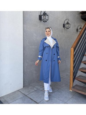 Çift Renk Trençkot Mavi Bej