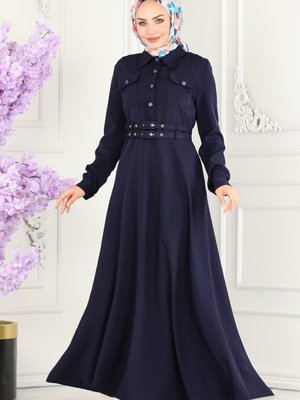 Lacivert Çift Kemerli Dabıl Elbise