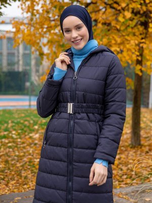 Boydan Fermuarlı Kapitone Şişme Mont Lacivert