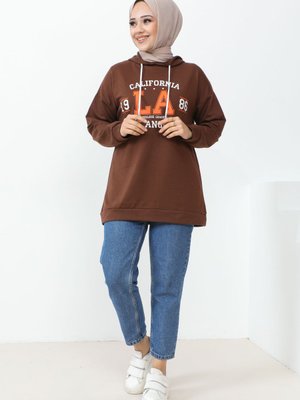 Kahverengi Kapüşonlu La Baskılı İki İplik Sweatshirt Kahverengi Kapüşonlu La Baskılı İki İplik Sweatshirt