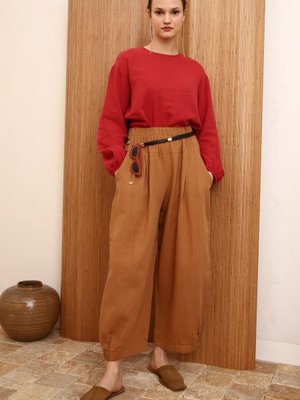 Taba Pileli Geniş Paçalı Lastikli Şalvar Pantolon