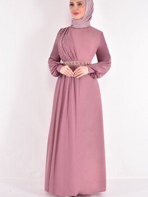 Şifon Detay Abiye Elbise Gül Kurusu Şifon Detay Abiye Elbise Gül Kurusu