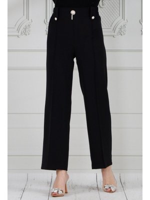 Siyah İnci Broşlu Çımalı Bol Paça Pantolon