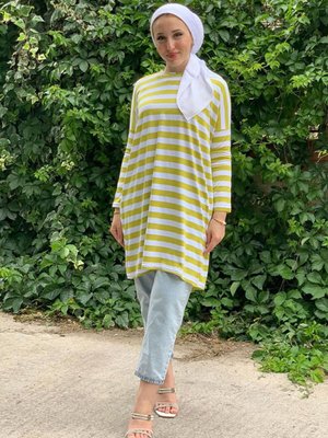 Yağ Yeşili Kalın Çizgili Oversize Tunik