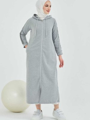 Önden Fermarlı Kapüşonlu Spor Ferace Gri