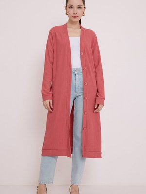 Gül Kurusu Düğmeli Uzun Hırka