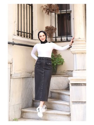 Boydan Düğmeli Körük Cepli Kot Etek Antrasit