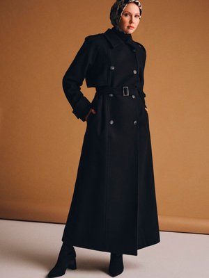 Seyyar Apoletli Tam Kruvaze Manto Siyah