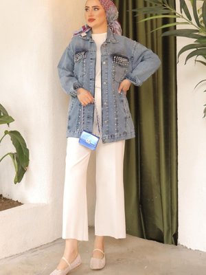 Mavi Taşlı Cepli Kot Ceket