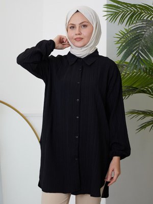 Kol Lastik Yırtmaç Detaylı Tunik Siyah Kol Lastik Yırtmaç Detaylı Tunik Siyah