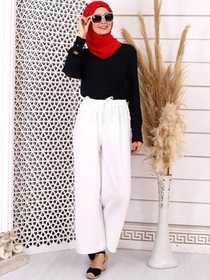 Kırık Beyaz Beli Lastikli Salaş Pantolon