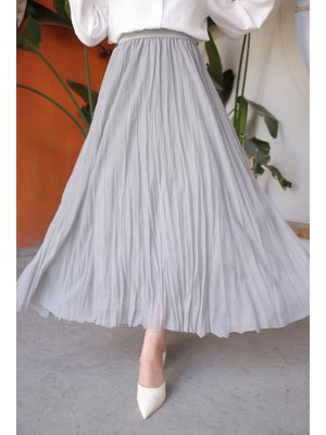 Gri Bel Lastikli Piliseli Uzun Tül Etek