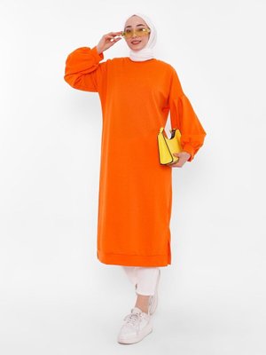 Balon Kollu Uzun Sweatshirt Oranj