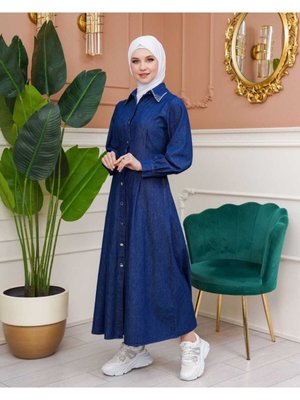 Boydan Düğmeli Beli Bağlamalı Kot Elbise