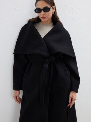 Geniş Yaka Kemerli Kaban Siyah