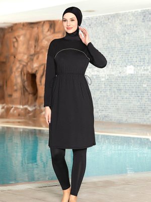 Siyah Likralı Uzun Tunik Tasarımlı Tam Kapalı Mayo