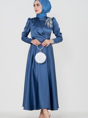 Önü Taş Baskılı Saten Abiye Elbise İndigo Önü Taş Baskılı Saten Abiye Elbise İndigo