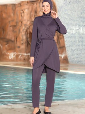 Pudra Likralı Kruvaze Tasarım Kaftanlı Tam Kapalı Mayo