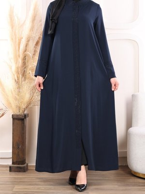 Gündelik Taşlı Lacivert Medine İpeği Cepli Ferace