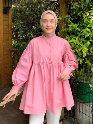 Pembe Düğmeli Bağlamalı Robalı Tunik