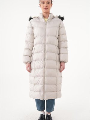 Kürk Yaka Maxi Şişme Mont Açık Gri