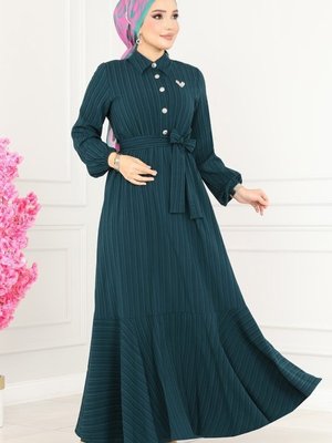 Petrol Eteği Fırfırlı Kemerli Elbise