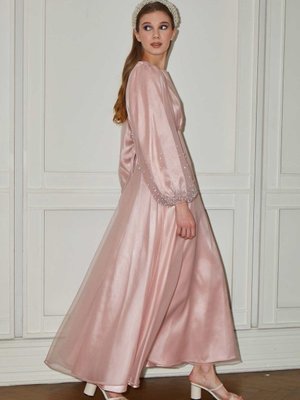 Taşlı Organze Abiye Elbise Pudra Taşlı Organze Abiye Elbise Pudra