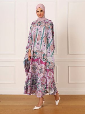 Etnik Desenli Saten Ferace Fuşya