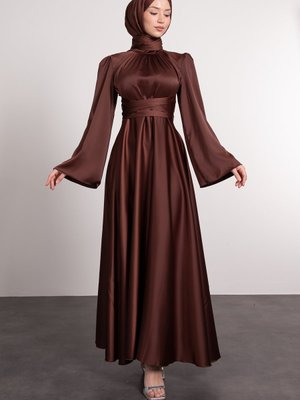 İspanyol Kol Beli Dolamalı Saten Abiye Elbise