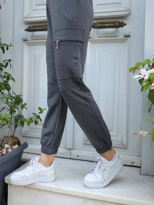 Bel Lastikli Fermuar Cepli Pantolon Antrasit