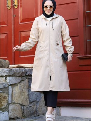 Kapüşonlu Cepli İçi Çizgi Desenli Trençkot