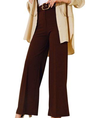 Kahve Yüksek Bel Kemerli Geniş Paça Pantolon