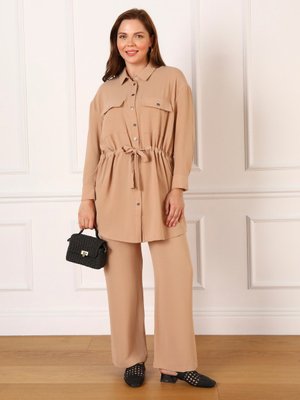 Büyük Beden Çıtçıt Detaylı Cepli Tunik & Pantolon İkili Aerobin Takım Kum Beji