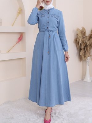 İnci Detaylı Tünel Bağcıklı Uzun Kot Elbise