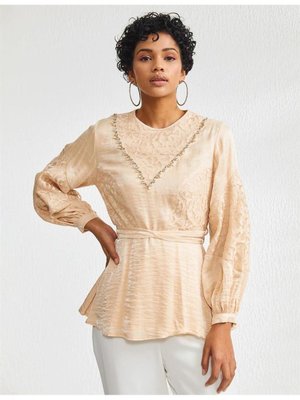 Dantel Ve Taş Detaylı Somon Bluz