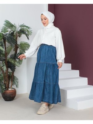 Parça Detaylı Açık Kar Yıkama Kot Etek