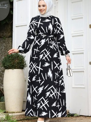 Fırça Desenli Beli Kuşaklı Elbise Siyah