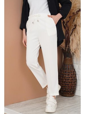 Beyaz İp Detaylı Beli Lastikli Bilekte Pantolon