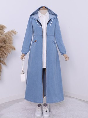 Yan Cepli Kolları Lastikli Kapüşonlu Kot Kap Açık Mavi Yan Cepli Kolları Lastikli Kapüşonlu Kot Kap Açık Mavi