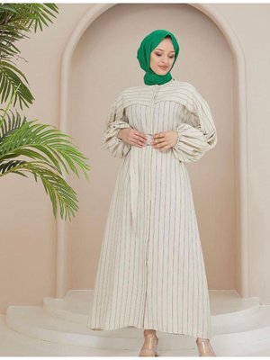 Heves Marka Kuşaklı Keten Krem Renk Elbise