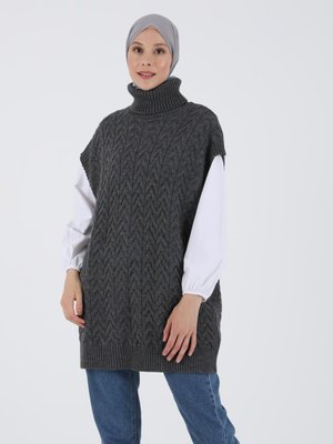 Antrasit Saç Örgü Desenli Triko Tunik