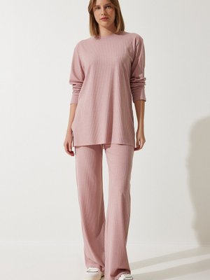 Pudra Fitilli Örme Bluz Pantolon Takım